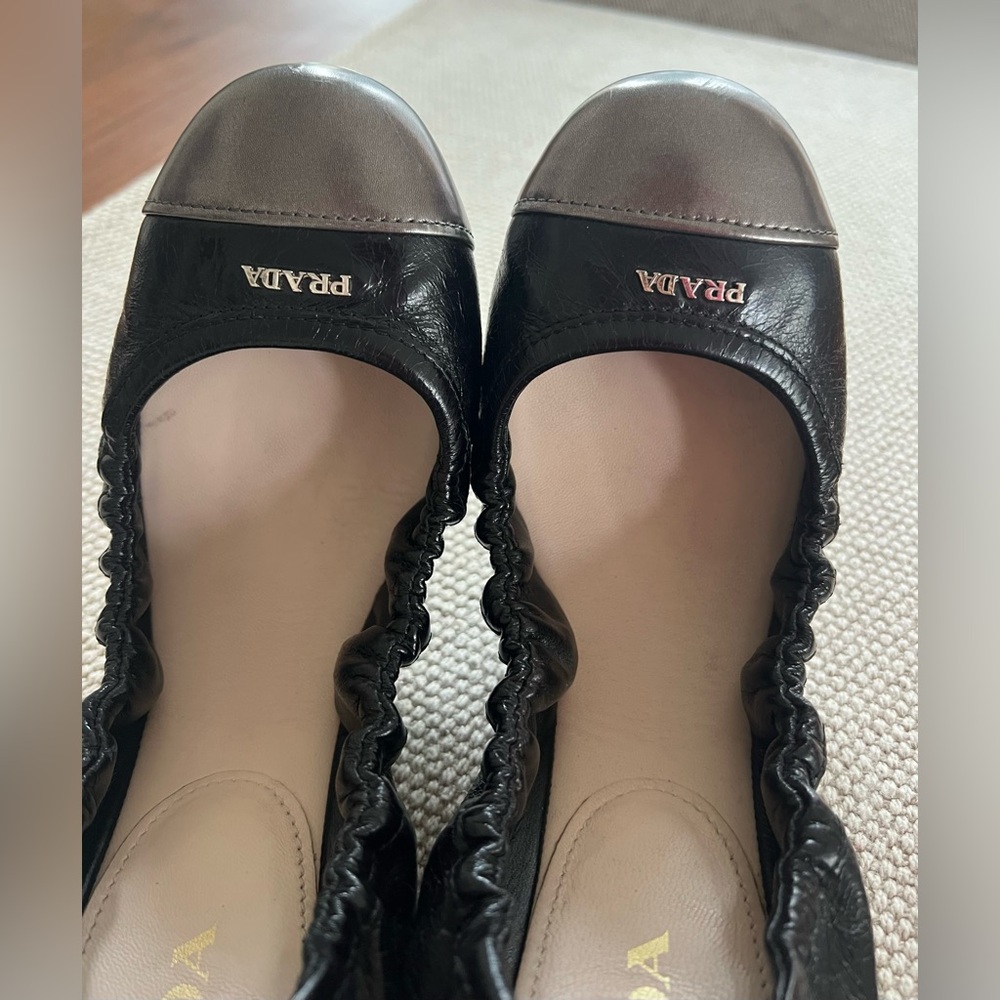 Prada black leather ballet flats, size 39 1/2. (9 US)